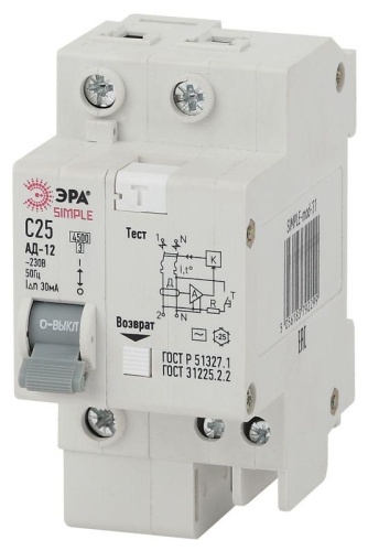 Выключатель автоматический дифференциального тока 1P+N 40А 30мА тип AC SIMPLE-mod-33 х-ка | Код. Б0039291 | ЭРА